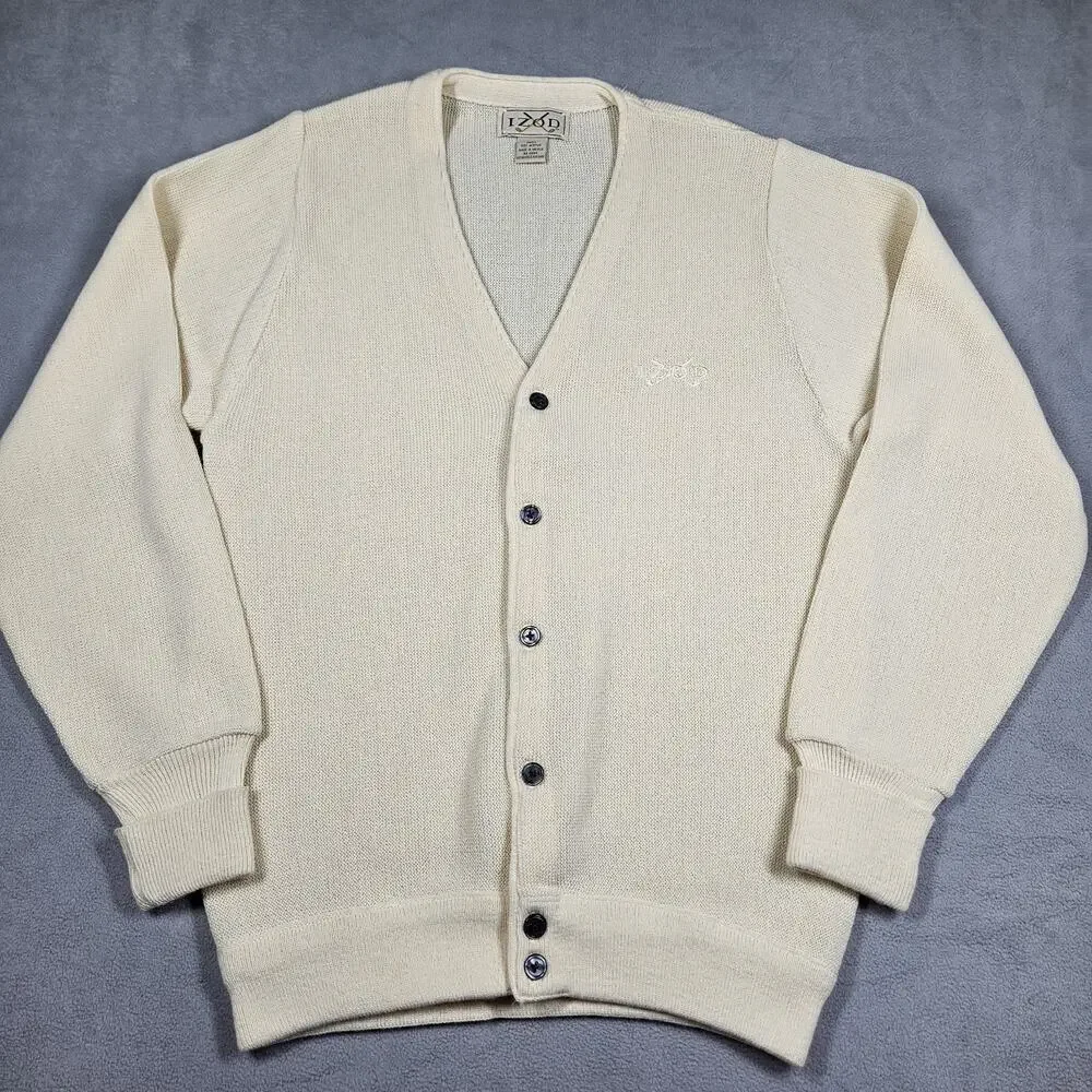 VINTAGE Izod Sweater Mens‎ Small Ivory Acrylic V-neck Cardigan Logo Grandpa